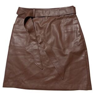 Bagatelle Women’s Elegant Brown Faux Leather A-Line Tie Waist Skirt, Small